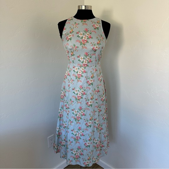 Boden Fit-And-Flare Pastel Blue Sleeveless Floral Midi Dress Size 4 - Picture 3 of 16